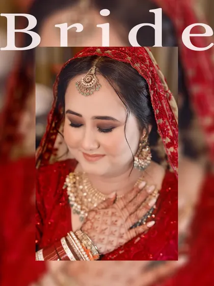 A close-up portrait of the bride, capturing her serene expression and the details of her makeup and jewelry.