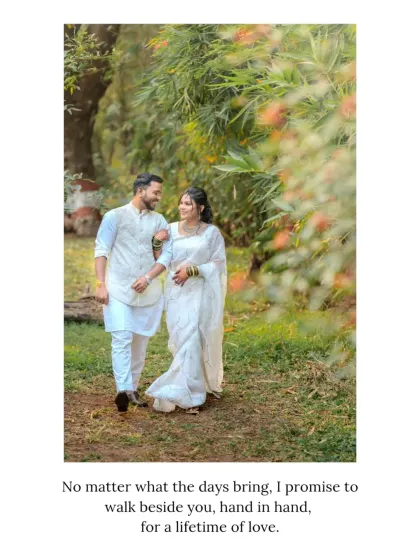 A romantic walk through a lush garden path. This shot captures a simple, happy moment that is part of every couple's journey, framed by beautiful natural scenery.