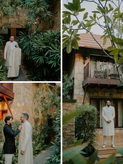A collage of the groom getting ready, with his friends helping him with his attire. It captures the camaraderie and anticipation before the ceremony.
