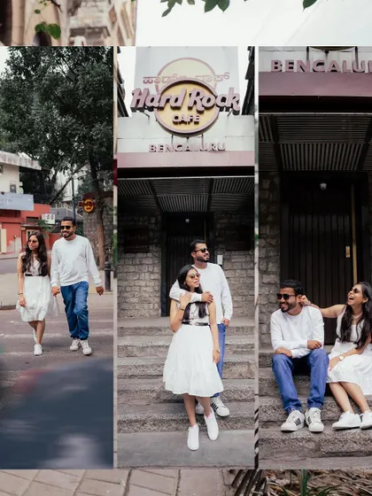 A collage capturing a day out in Bengaluru, with the iconic Hard Rock Cafe in the background. This is a great way to personalize a shoot with locations that are meaningful to the couple.