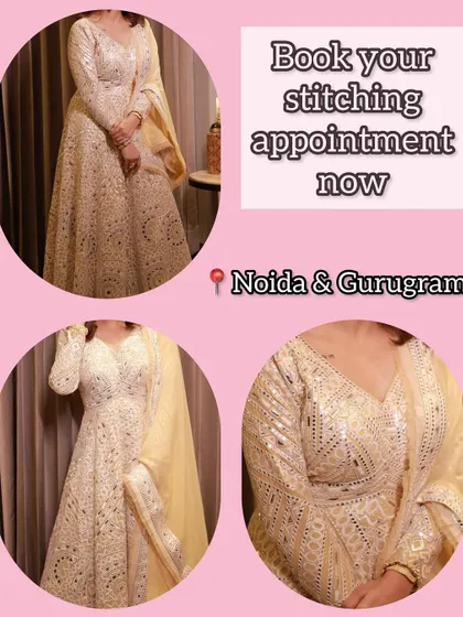 A client looking stunning in her custom-stitched off-white Anarkali with mirror work. Book your own stitching appointment for service in Noida and Gurugram.