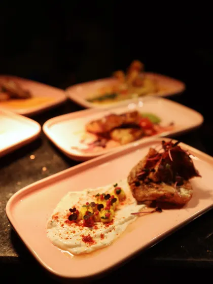 A seared protein served on a bed of creamy yogurt and topped with flavourful spices and microgreens. The contrast of colours and textures makes this dish a feast for the eyes.