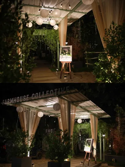 A collection of stunning wedding setups at The Farmhouse Collective. You can see the venue's versatility, from elegant morning ceremonies with floral mandaps to glamorous evening receptions with fairy lights and chic decor. This space is a blank canvas for your dream outdoor wedding in Bengaluru.