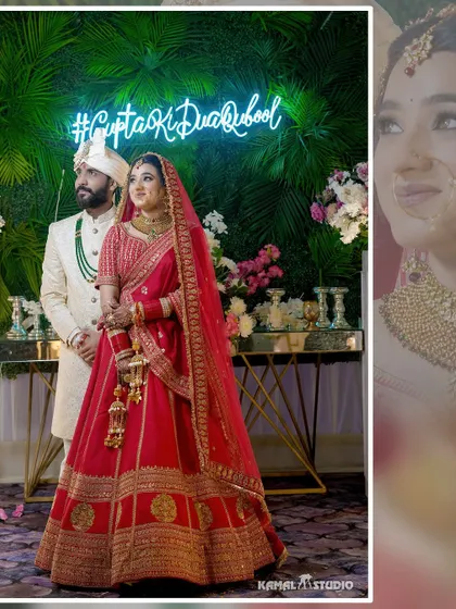 A portrait of the couple in front of their custom neon sign, "#GuptaKiDuaQubool".