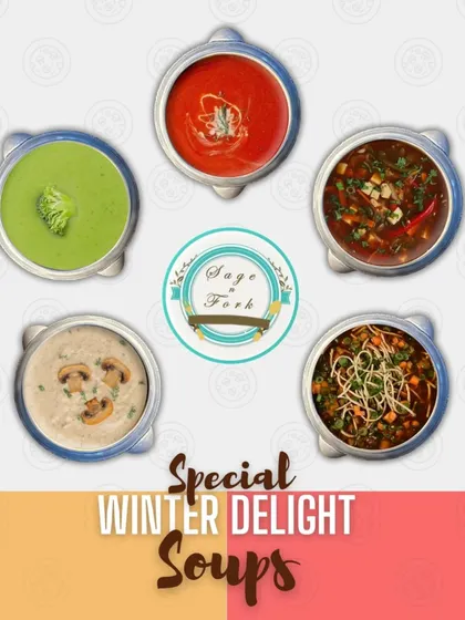 My special "Winter Delight Soups" collection. This collage shows the variety of comforting soups I offer, including Tomato Basil, Broccoli Almond, Cream of Mushroom, and more.