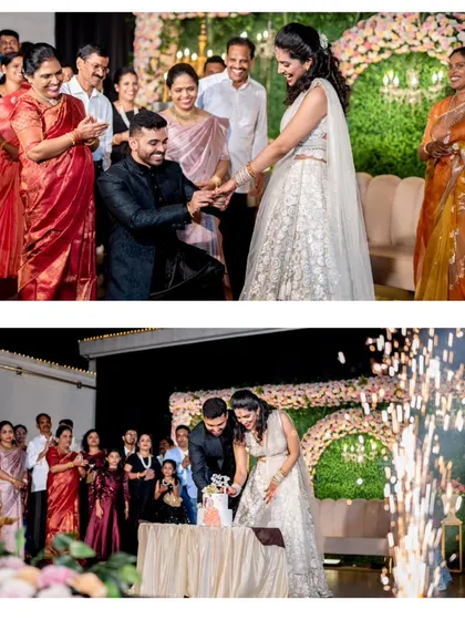 A duplicate of image 312, capturing the emotional ring exchange and the joyful cake cutting ceremony.