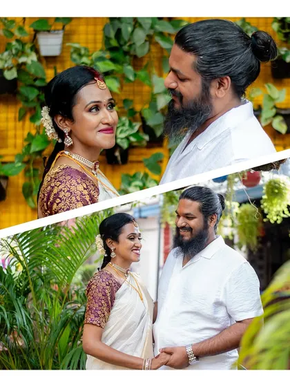 A collage of a couple sharing a moment against a vibrant, artistic backdrop. We love finding unique settings for our portraits.