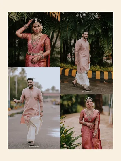A collage of the bride and groom's individual portraits, showcasing their elegant traditional wedding attire.
