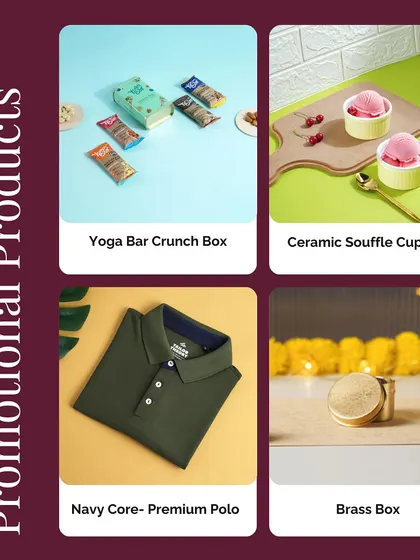 A look at some of our promotional products. This graphic displays a Yoga Bar Crunch Box, ceramic souffle cups, a premium polo t-shirt, and a brass box, all available for branding.
