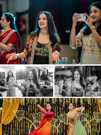 A collage of the bride and her friends dancing and enjoying the Sangeet night.