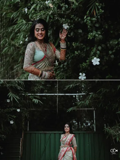 A diptych of the bride posing in a garden, capturing her beauty from different angles.