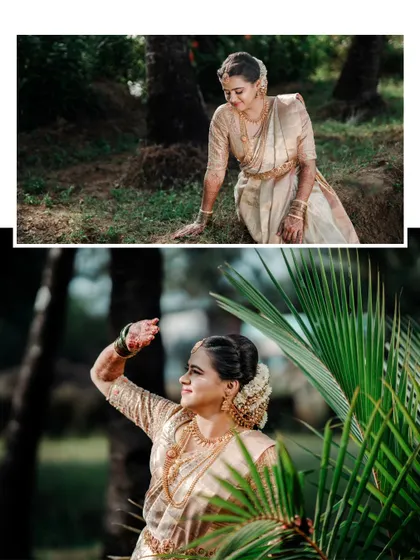 A collage of a bride's portraits, showing her seated in nature and a beautiful shot of her looking up at the sun.