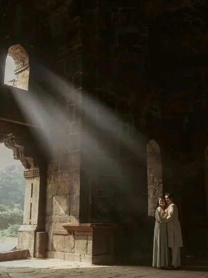 Using light to paint a story. In the quiet corners of a historic Delhi monument, I found these divine sunbeams that perfectly framed Akshay and Bani, turning their pre-wedding portrait into a timeless piece of art.