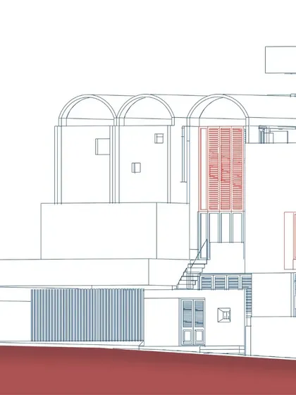 An architectural elevation drawing of the home. This technical illustration details the vertical composition, including the vaulted roof forms and the placement of windows and screens.