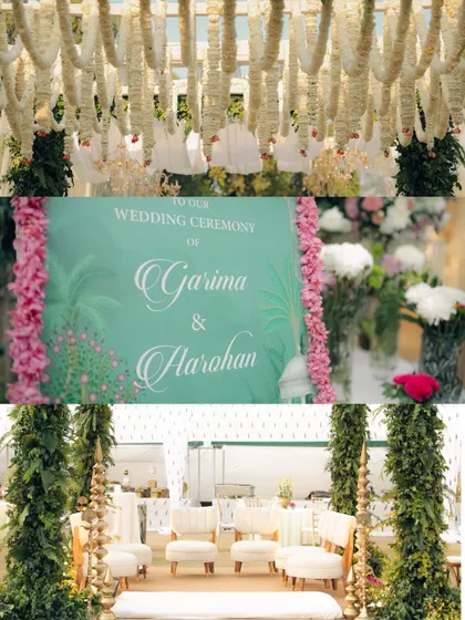 The details matter in a wedding. This collage highlights the beautiful decor elements, from the floral arrangements and mandap seating to the personalized welcome sign, all of which contribute to the story of the day.