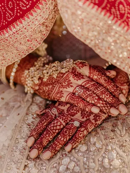 A close-up of the bride's intricate henna design, a beautiful detail of Indian wedding traditions.