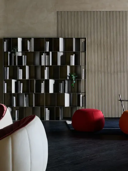 A study or library area with a modern, modular bookshelf as the centerpiece. The playful, rounded forms of the poufs and armchairs add a pop of color and personality.