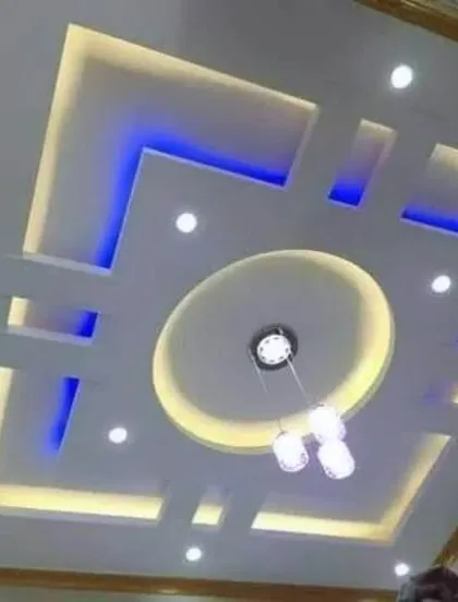 A geometric design that uses two different colors of light, yellow and blue, to highlight different sections. This creates a visually interesting, layered effect.