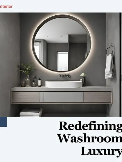 Redefining washroom luxury. This image showcases a modern bathroom concept with a floating vanity, vessel sink, and a large, circular backlit mirror that serves as a stunning focal point.