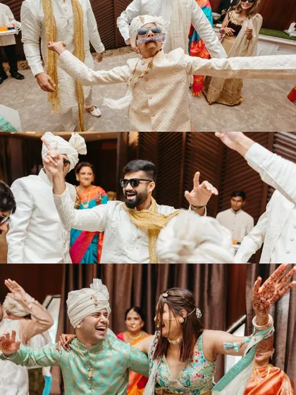 The energy of the baraat is unmatched! This collage captures the wild dancing, the cool sunglasses, and the infectious joy of everyone involved.