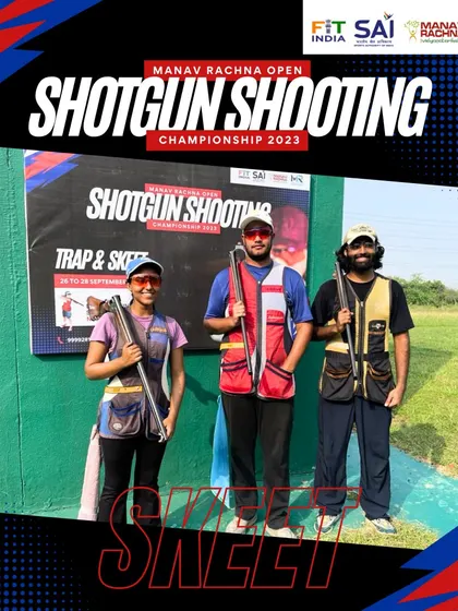 The three finalists of the Skeet event pose at the Dr. Karni Singh Shooting Ranges after a challenging and exciting competition.
