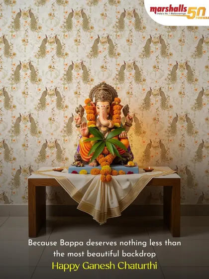 For special occasions, your home deserves a special backdrop. Here, our elegant peacock-motif wallcovering creates a divine setting for Ganesh Chaturthi celebrations, because Bappa deserves nothing less than the most beautiful welcome.