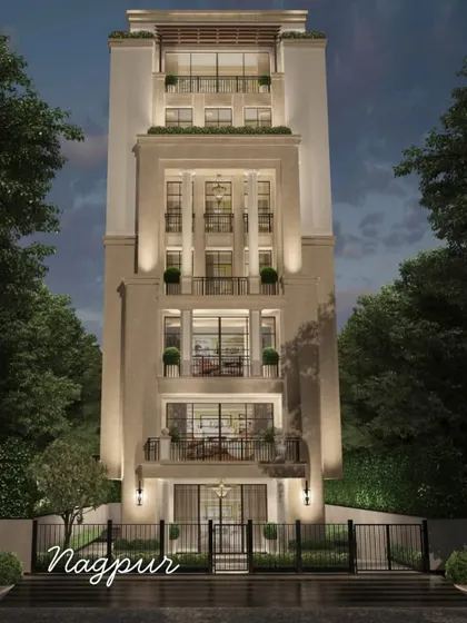 This 3D visualization shows a new residence on the rise in Nagpur. We designed the facade with elegant lines and layered terraces to bring a timeless, understated presence to the city, making everyday living feel special.
