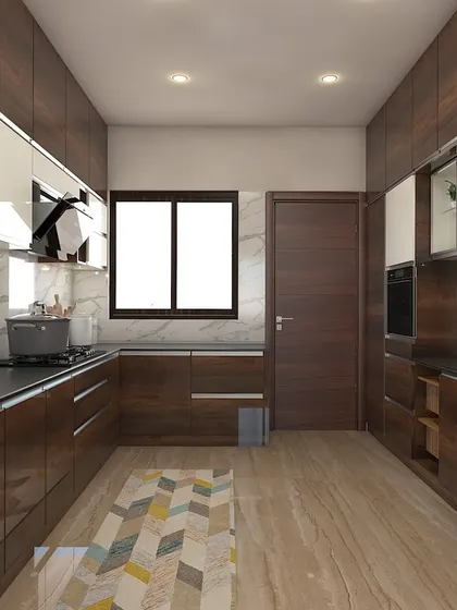 A complete perspective of the two-tone modular kitchen, showing the practical layout and elegant combination of materials.