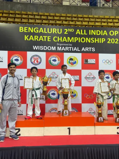 My young students on the winners' podium at the Bengaluru 2nd All India Open Karate Championship 2025. Training children from a young age builds a strong foundation of discipline.