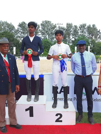 The winners' podium at the FEI Jumping Children's Classic. We congratulate all the talented young riders who participated and showcased their skills.