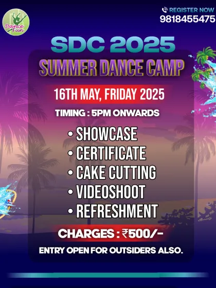 Announcing the details for our Summer Dance Camp showcase. The event includes certificates, a cake cutting, a video shoot, and refreshments for all participants.