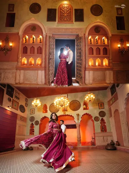 A dynamic collage showing both a grand entrance and a playful twirl inside a palace-themed set. The warm, ambient lighting creates a rich and inviting atmosphere.