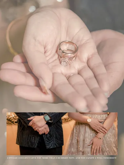 A detailed collage focusing on the rings and hands. This shot emphasizes the symbolism of the ring ceremony, a vow and a promise held in their hands.