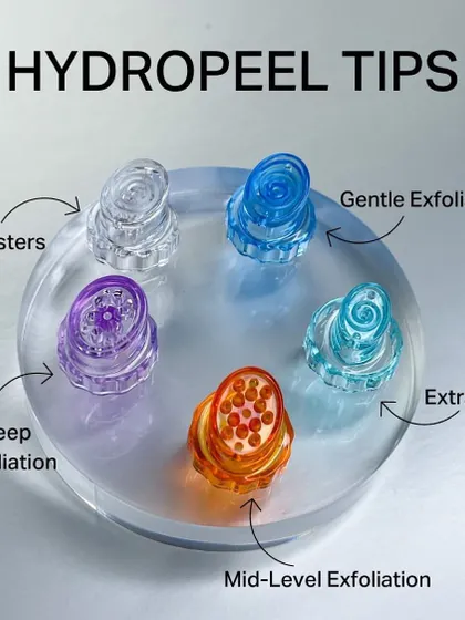 The HydraFacial system uses different HydroPeel tips for specific purposes, including gentle exfoliation, deep exfoliation, extractions, and infusing boosters.