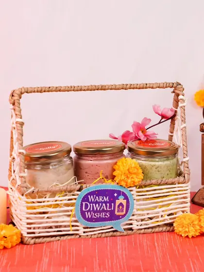 Another variation of my popular three-jar gift basket, this one features a different selection of my homemade dips and sauces. The warm lighting from the candle and lantern highlights the festive feel.