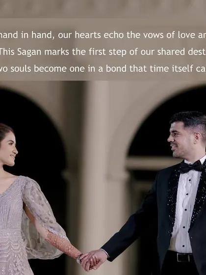 A romantic portrait with a quote about their Sagan ceremony. This image captures the couple holding hands, symbolizing the first step of their shared destiny.