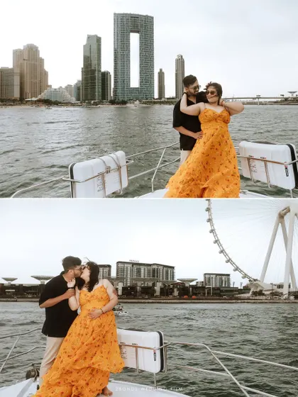A diptych showing two romantic moments on the yacht: one playful pose and one tender kiss, capturing the variety of emotions during their Dubai pre-wedding shoot.