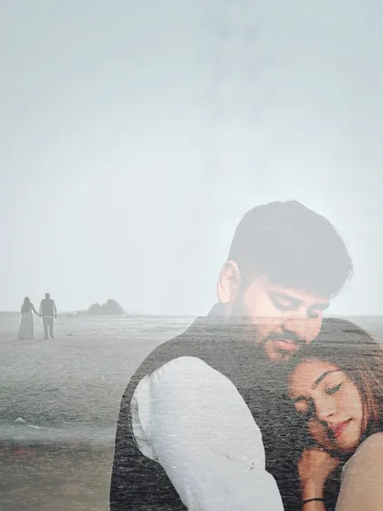 A creative double exposure effect, blending an intimate close-up with a wide shot of the couple in a vast landscape. This artistic technique adds a dreamy, narrative layer to your pre-wedding album.