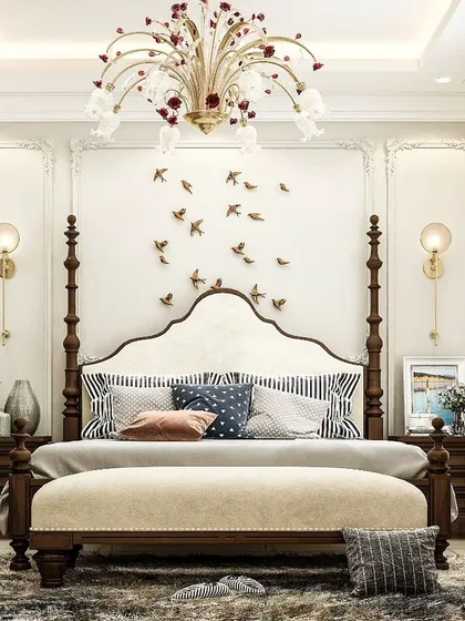 A timeless and classic master bedroom featuring a four-poster bed in dark wood. The design is elevated by elegant wall moldings, classic sconces, and a flock of decorative birds that add a touch of whimsy.