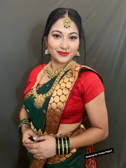 Confidence and grace in one frame. This client is ready for her event with makeup that enhances her features and complements her traditional attire.