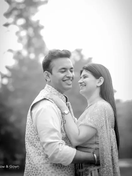 The black and white version of a classic pre-wedding portrait. This edit emphasizes the light, emotion, and connection between the couple.