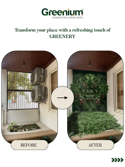 A before and after showing how a refreshing touch of greenery can transform a space. I used a custom vertical garden to hide unsightly AC units on a balcony, turning a functional area into a beautiful one.
