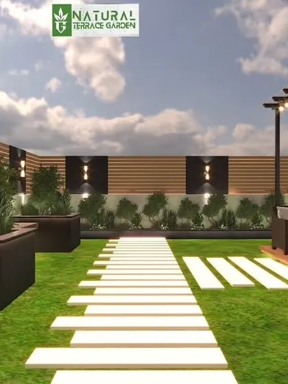 A perspective view of the proposed Sushant Lok terrace. The design uses a long pathway to guide the eye through the space, past planters and seating areas.