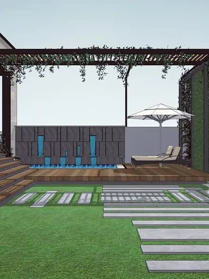 The connection between the elevated wooden deck, the lawn, and the plunge pool area in our design for Retreat Villa 90, highlighting the multi-level landscape architecture.