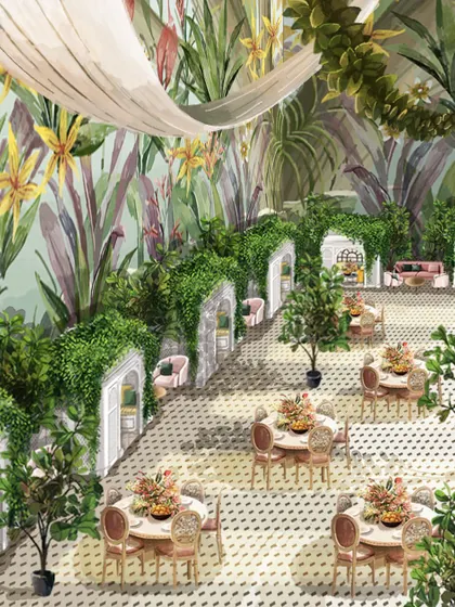 A look into our design process. These concept sketches show how we envision transforming a conventional ballroom into a charming space with an al fresco feel, complete with color options and detailed layouts.