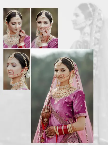 A collage of a bride in a traditional Himachali wedding outfit. The portraits highlight her unique jewelry, including the large nose ring (nath).