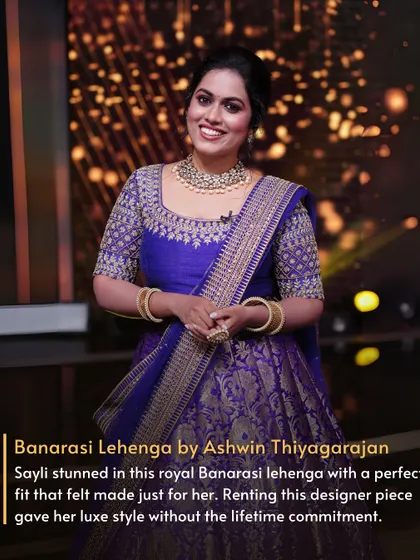 Sayli Kamble stunned in this royal Banarasi lehenga by Ashwin Thiyagarajan. Renting this designer piece gave her a luxe style without the lifetime commitment.