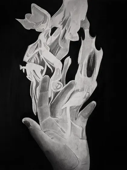 "Fire." The final piece in the elements triptych, this drawing depicts a hand engulfed in stylized flames.