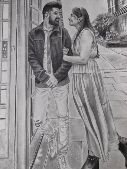 A full-length couple portrait, capturing a romantic moment. My sketches can include backgrounds and full figures to tell a bigger story.