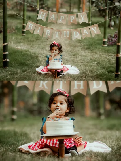 A duplicate of image 23, this collage captures the sweet and messy moments of a birthday girl's first cake experience.